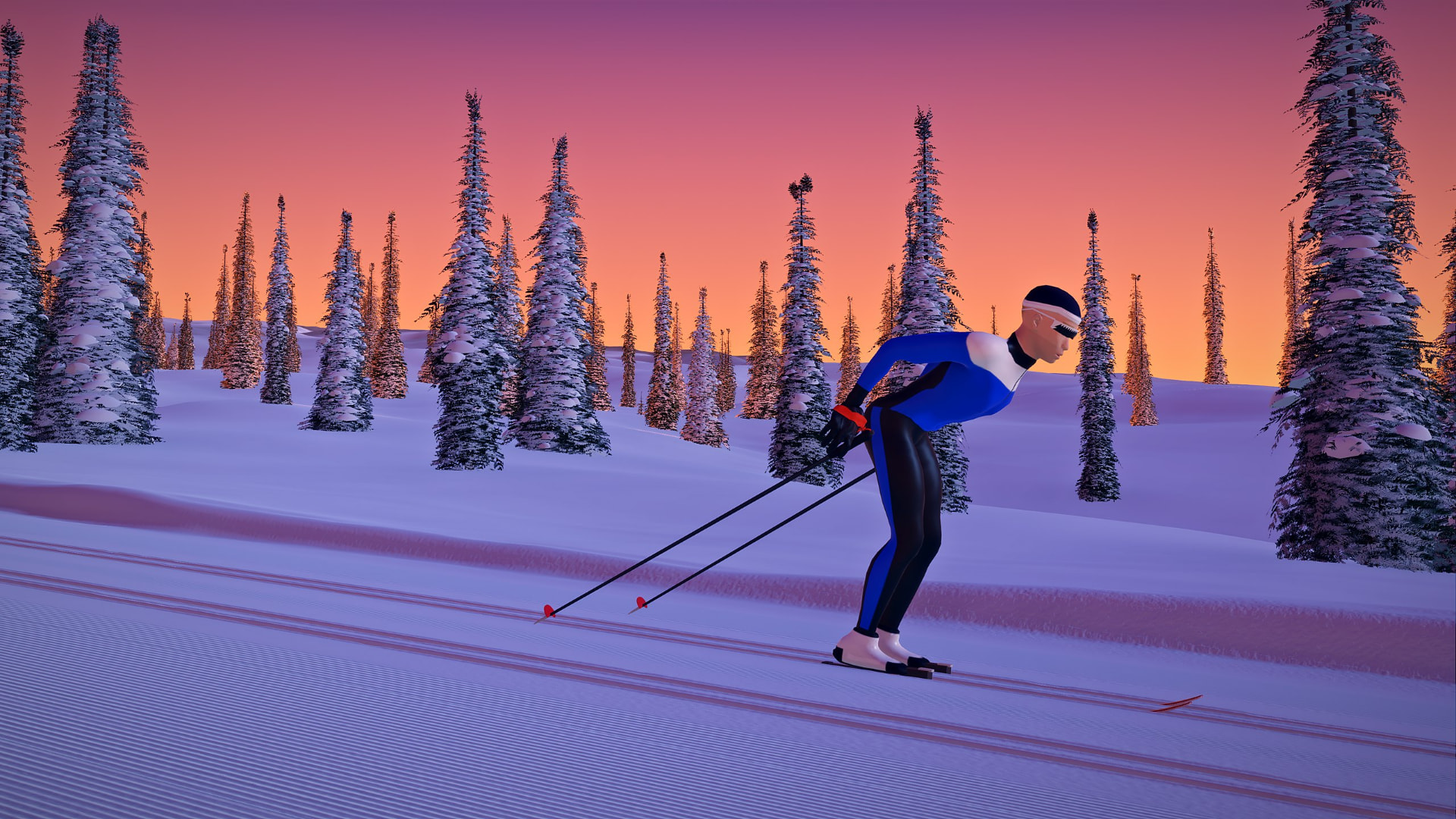 Virtuski skier in side view on the Sjusjøen trail at sunset