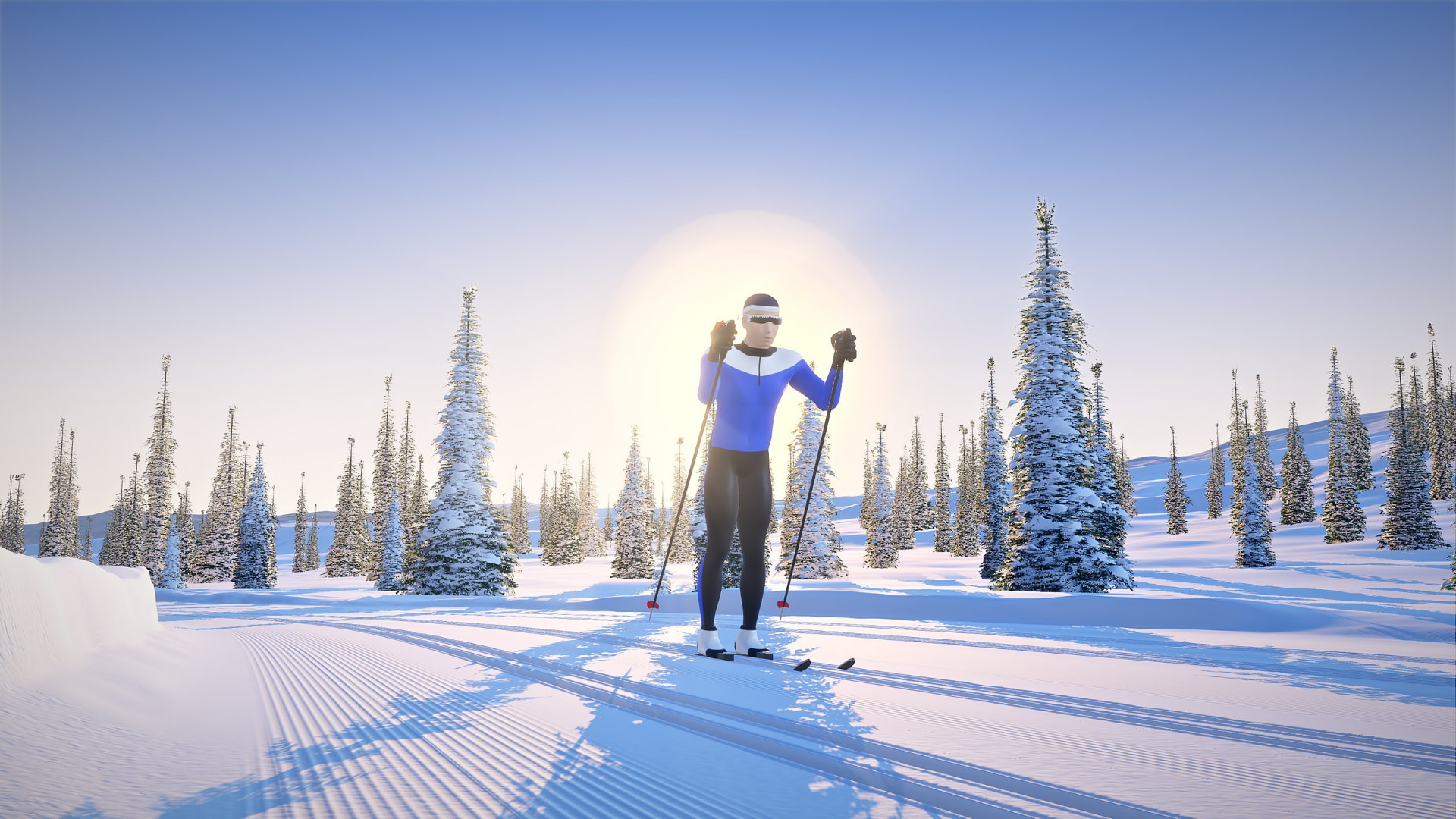Virtuski skier lifting both poles head-on, with a winter sun halo behind