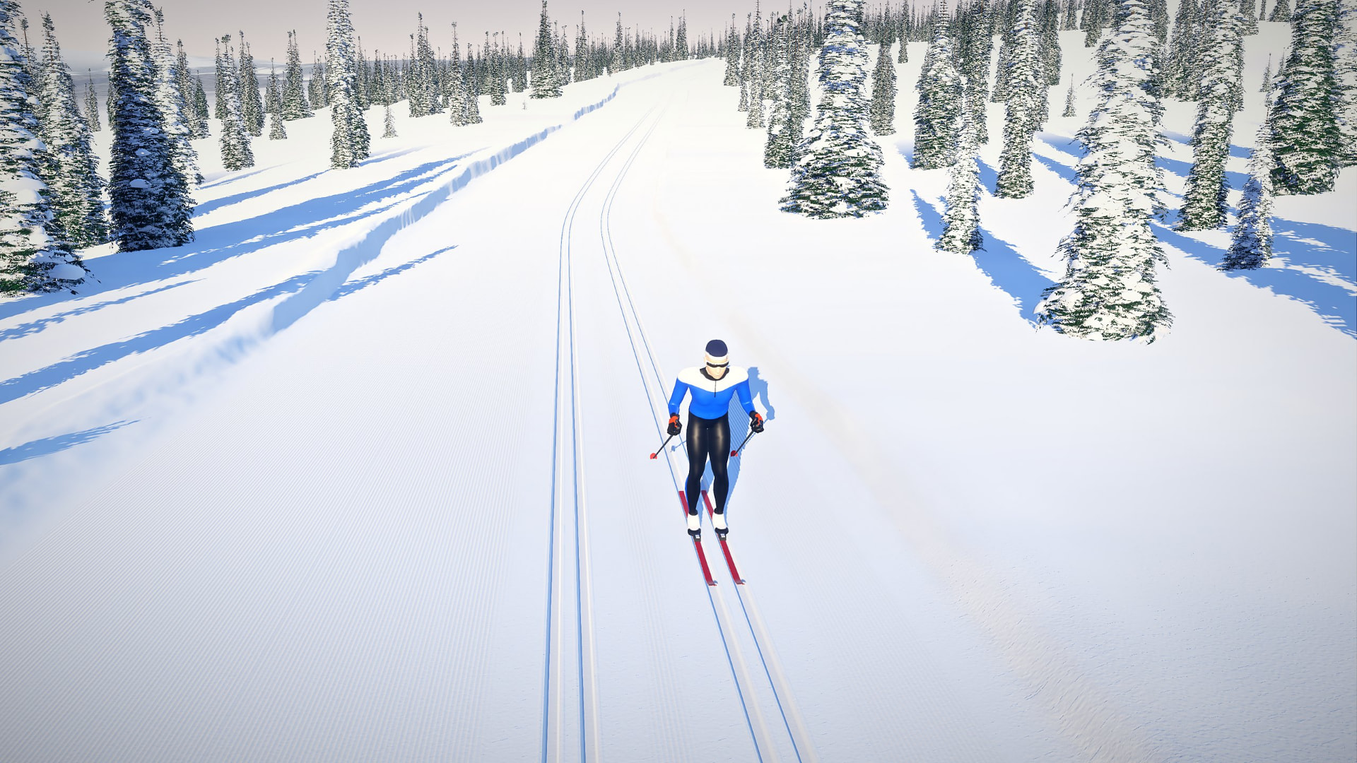 Classic ski tracks through the Sjusjøen forest in normal Virtuski game lighting