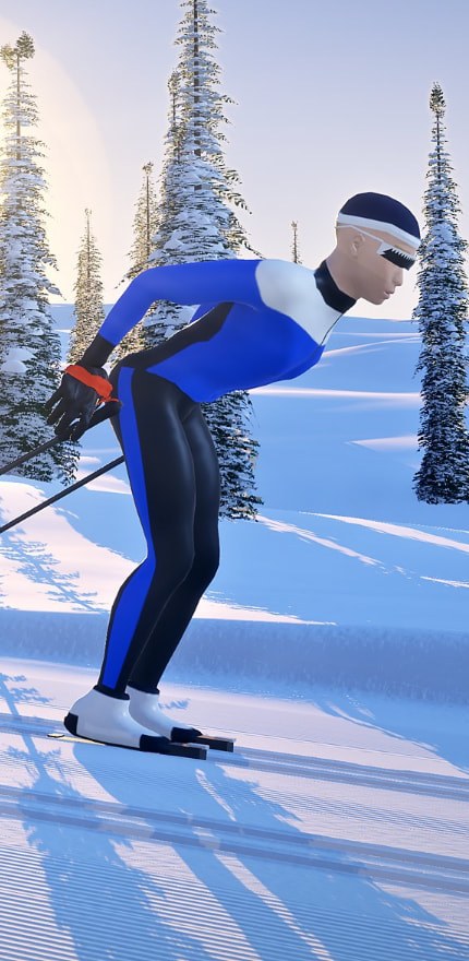Virtuski skier double-poling beside classic tracks, with low golden sun behind spruce trees